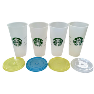 Set 4-2020 Starbucks Clear Green Plastic Reusable Cold Venti 24 Oz Cups & Lids
